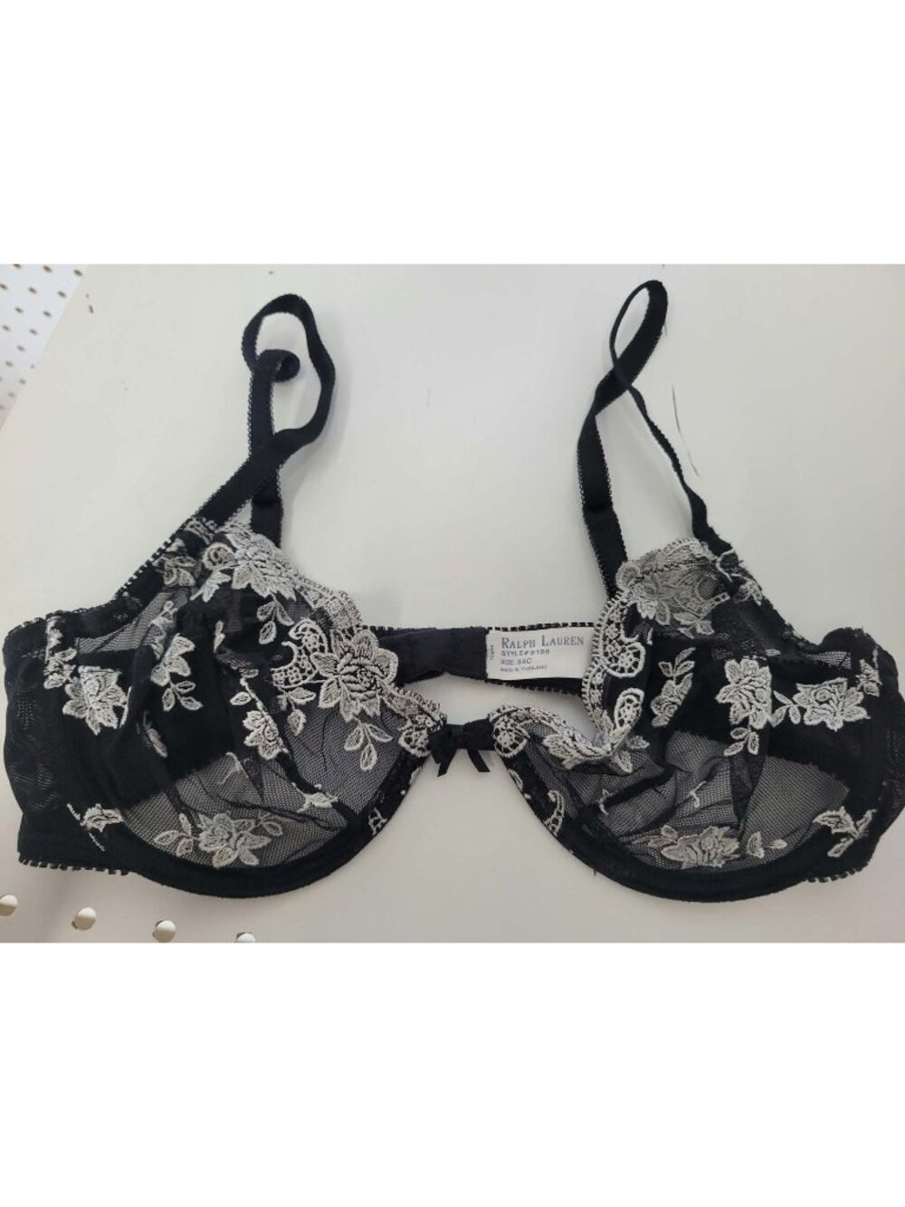 Ralph Lauren Lace Black & White Floral Embroidered Bra Size 34C Adjustable Strap